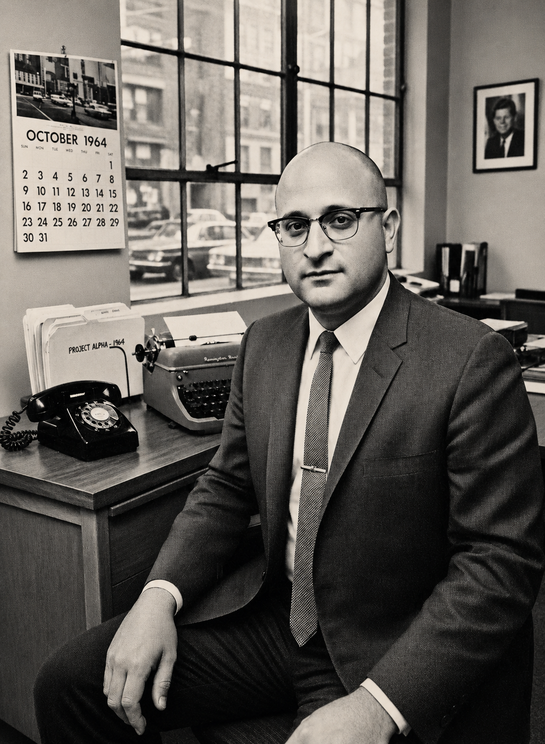 Nicholas Kilburn seated at a desk in a 1964 office, surrounded by case files.